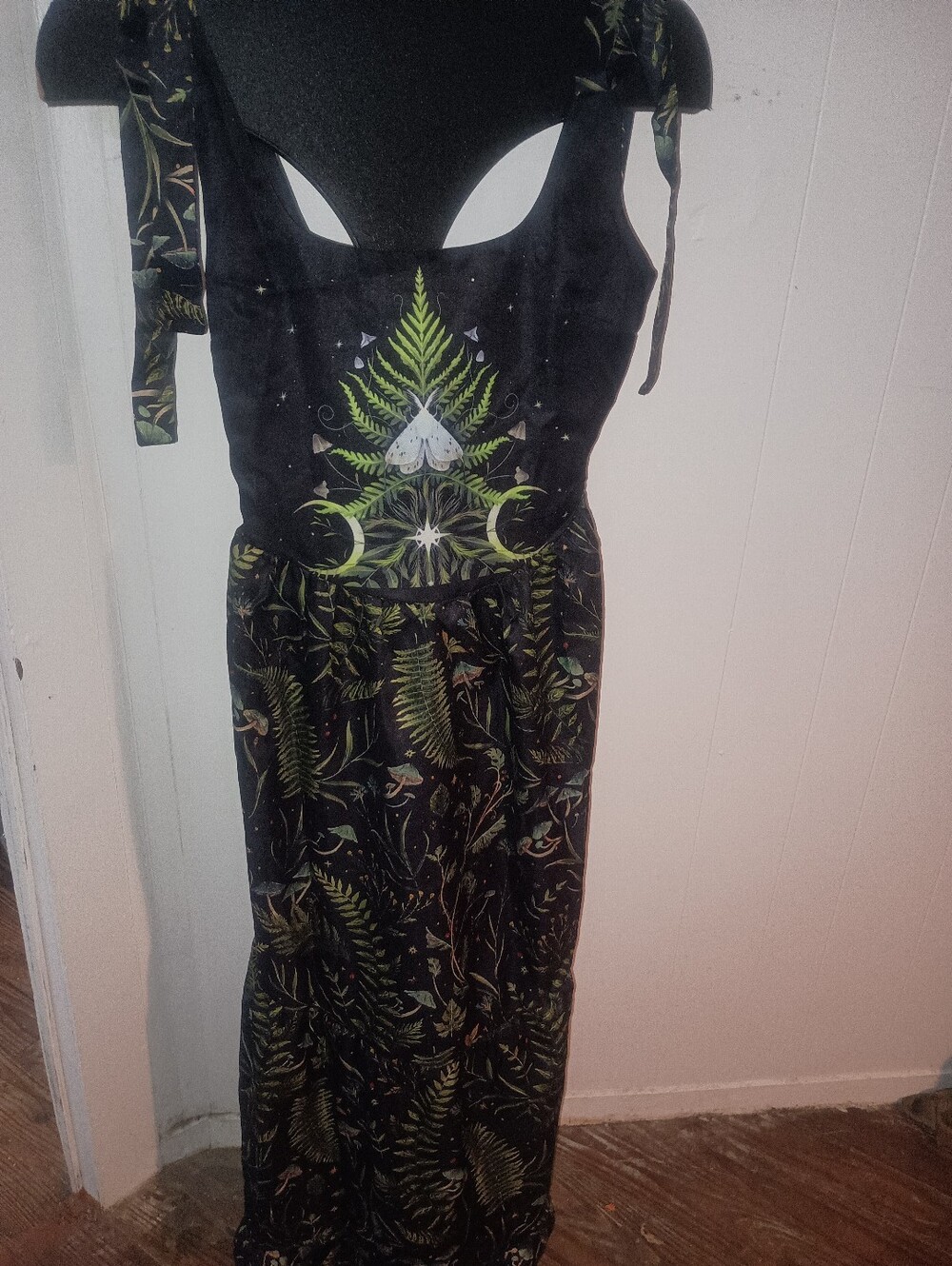 Coramoon Black Maxi Dress with Green Botanical & Moon Motif